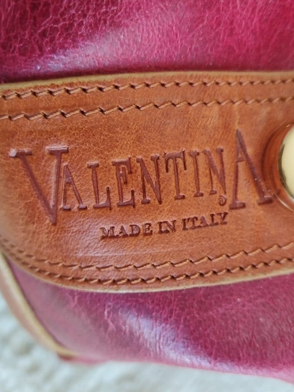 Vintage VALENTINA Italy Genuine Leather Handbag Burgundy & Cognac Brown - Picture 7 of 14